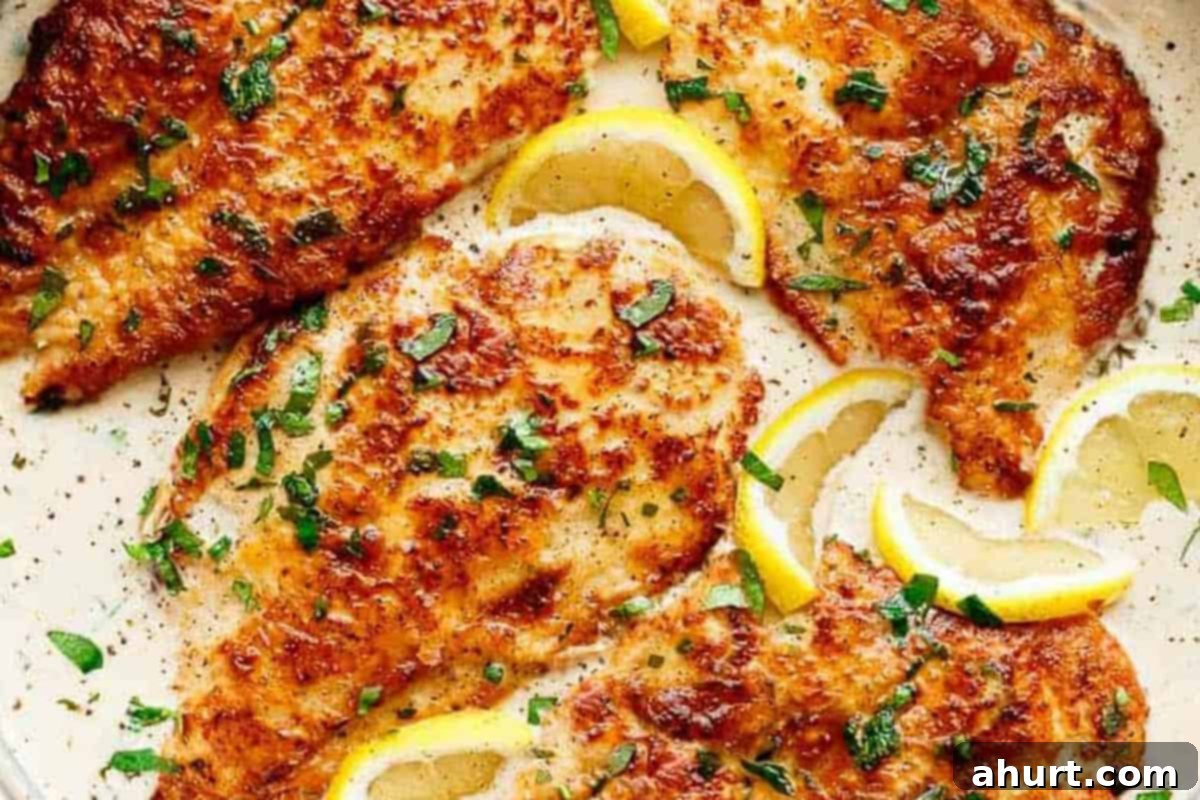 Velvety Chicken Francese 11 Close-up shot of Creamy Chicken Francese, showing golden chicken in a rich, creamy lemon garlic sauce, garnished with fresh parsley.
