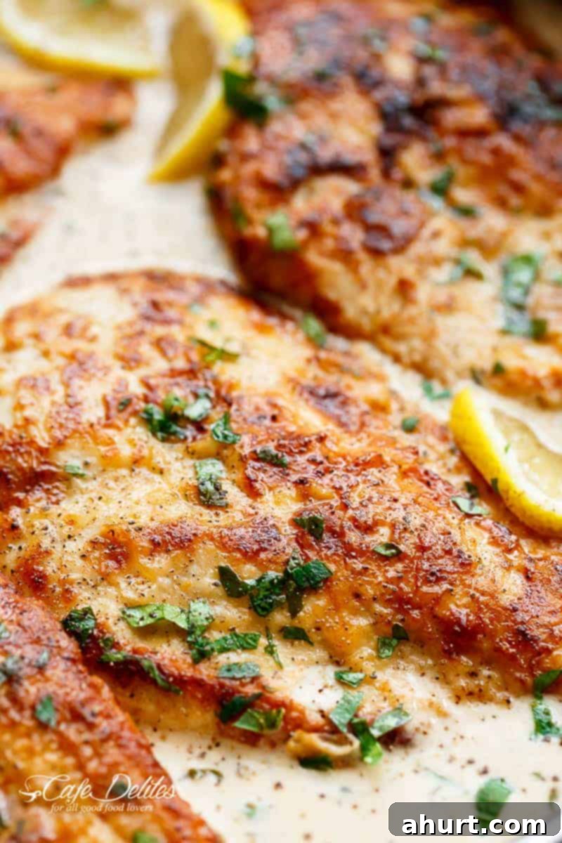 Velvety Chicken Francese 12 Zoom in image of Creamy Chicken Francese in a pan, showcasing the rich sauce and tender chicken.