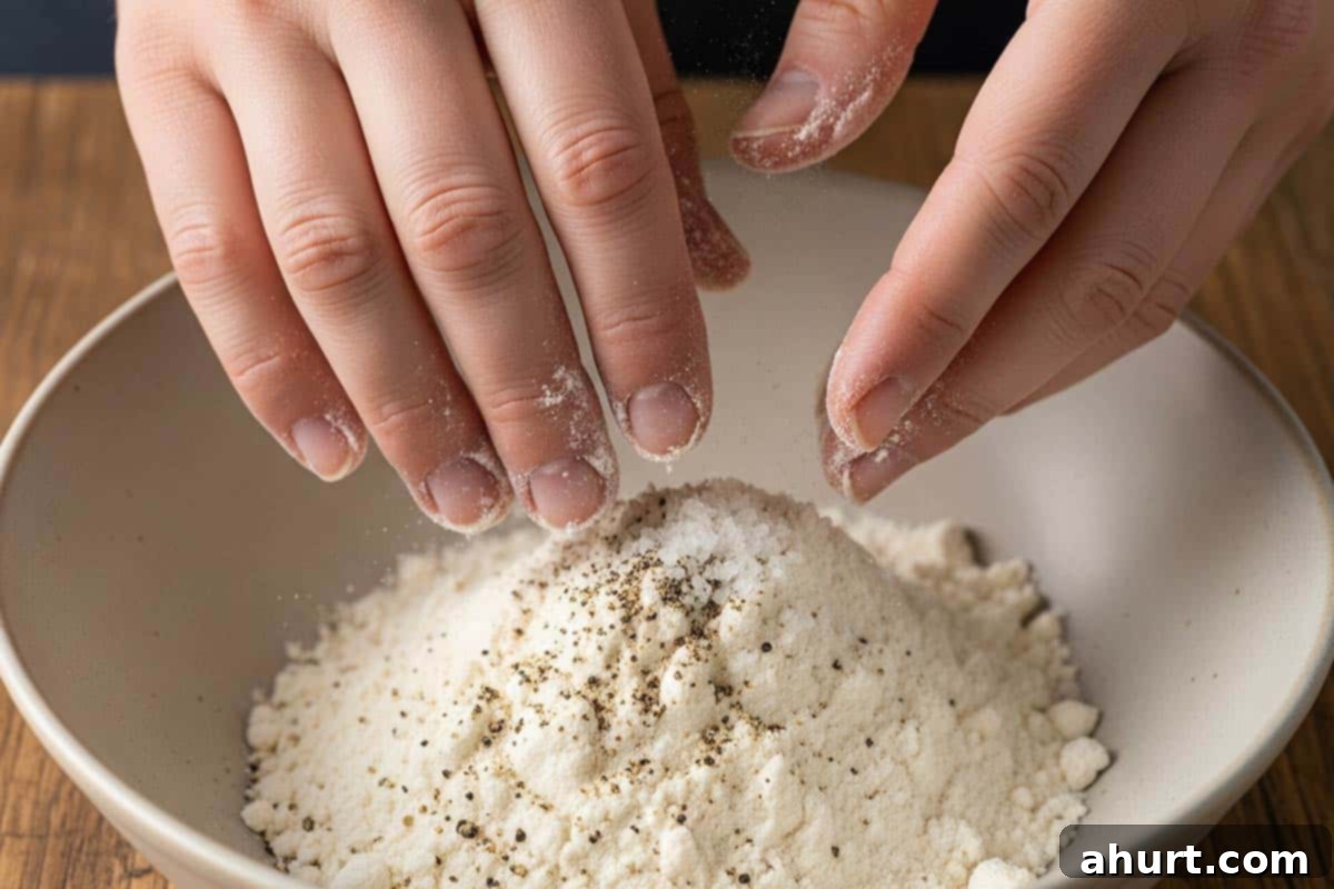 Velvety Chicken Francese 6 Mixing all-purpose flour with salt and pepper in a shallow bowl using hands for seasoning the flour for chicken franceses.