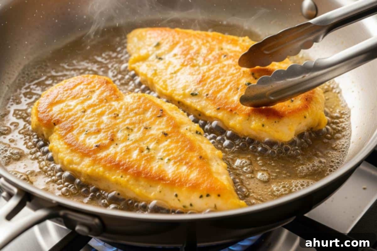 Velvety Chicken Francese 8 Pan-frying the egg and flour coated chicken fillets in a skillet until golden brown for Creamy Chicken Francese.