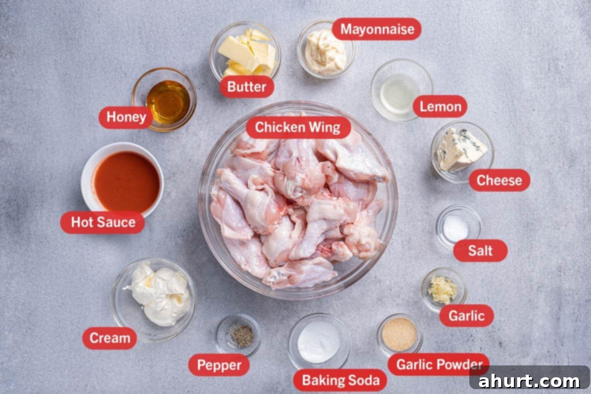 Golden Crisp Baked Buffalo Wings 3 Image of all the ingredients needed for the preparation of this recipe, specifically: Chicken wings, butter, mayonnaise, lemon, cheese, salt, garlic, garlic powder, baking soda, pepper, cream, hot sauce, honey.