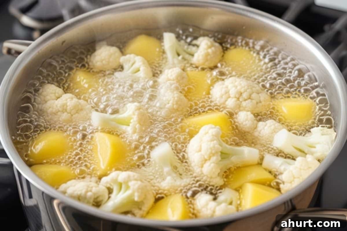 Tangy Bacon Dill Potato Salad 3 Boil the diced potatoes and cauliflower florets in salted water until tender in a large pot.