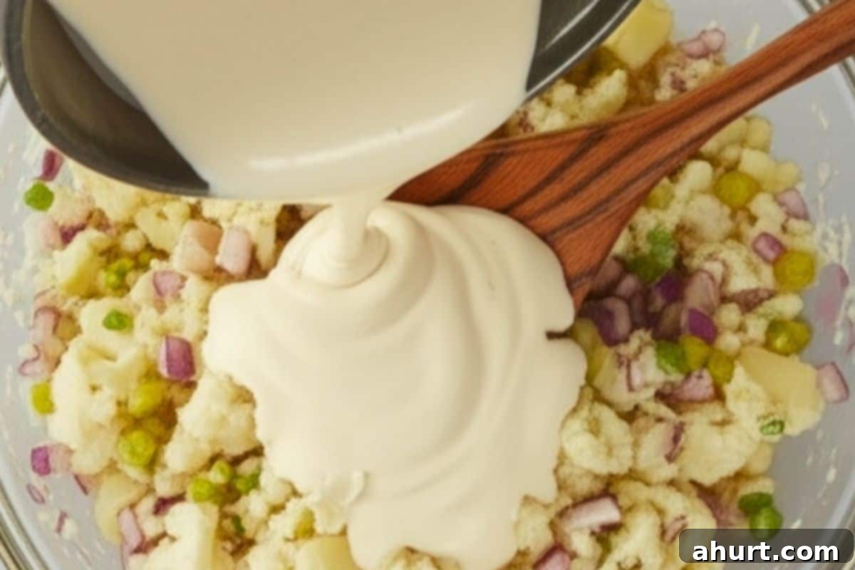 Tangy Bacon Dill Potato Salad 6 Pour the prepared creamy dressing over the potato and vegetable mixture in the large bowl.