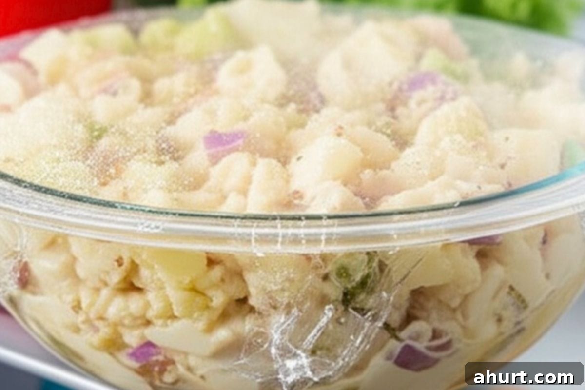 Tangy Bacon Dill Potato Salad 7 Cover the bowl of potato salad with plastic wrap and refrigerate for at least 30 minutes to chill and allow flavors to meld.
