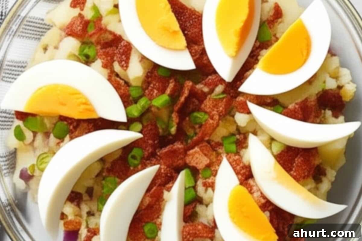 Tangy Bacon Dill Potato Salad 8 Before serving, garnish the potato salad with the remaining green onions, crispy bacon bits, and quartered hard-boiled eggs.
