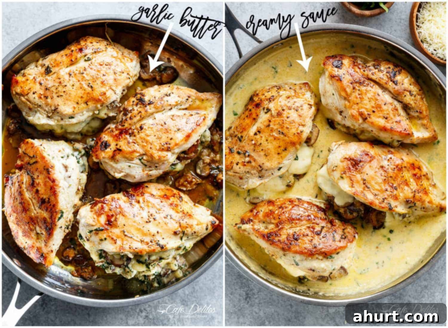 An image showing two different options for stuffed chicken in silver frying pan. Option one with no cream sauce, just pan juices in the pan. Option two shows cream sauce in the pan.
