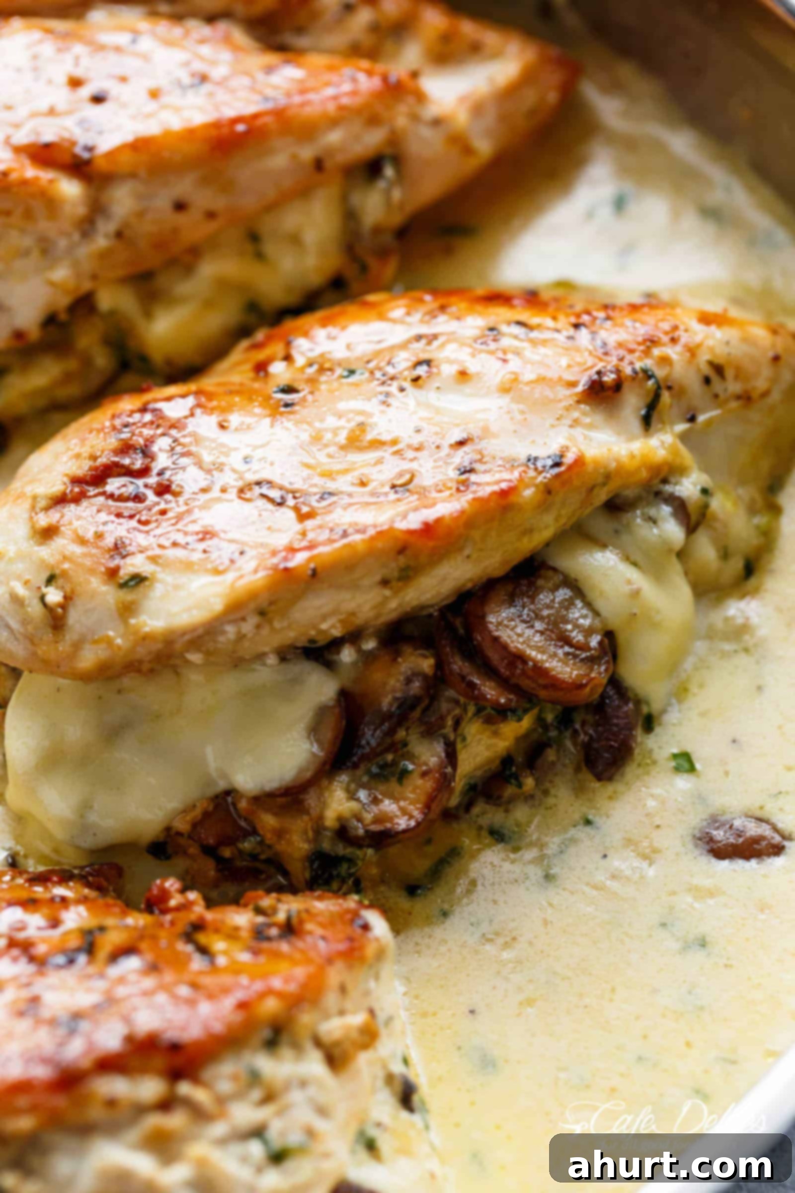 A close up image of cheesy mushrooms stuffed in a seared cooked chicken breast in a cream sauce