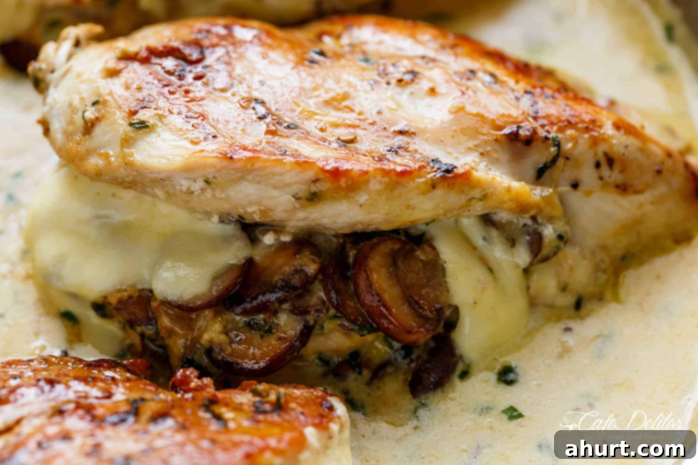 Side view image of Cheesy Garlic Butter Mushroom Stuffed Chicken