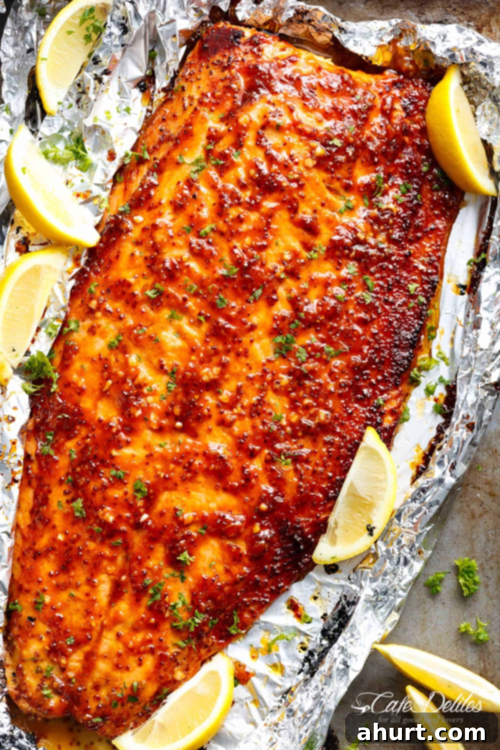 Grilled Garlic Butter Honey Mustard Salmon In Foil looks really spicy