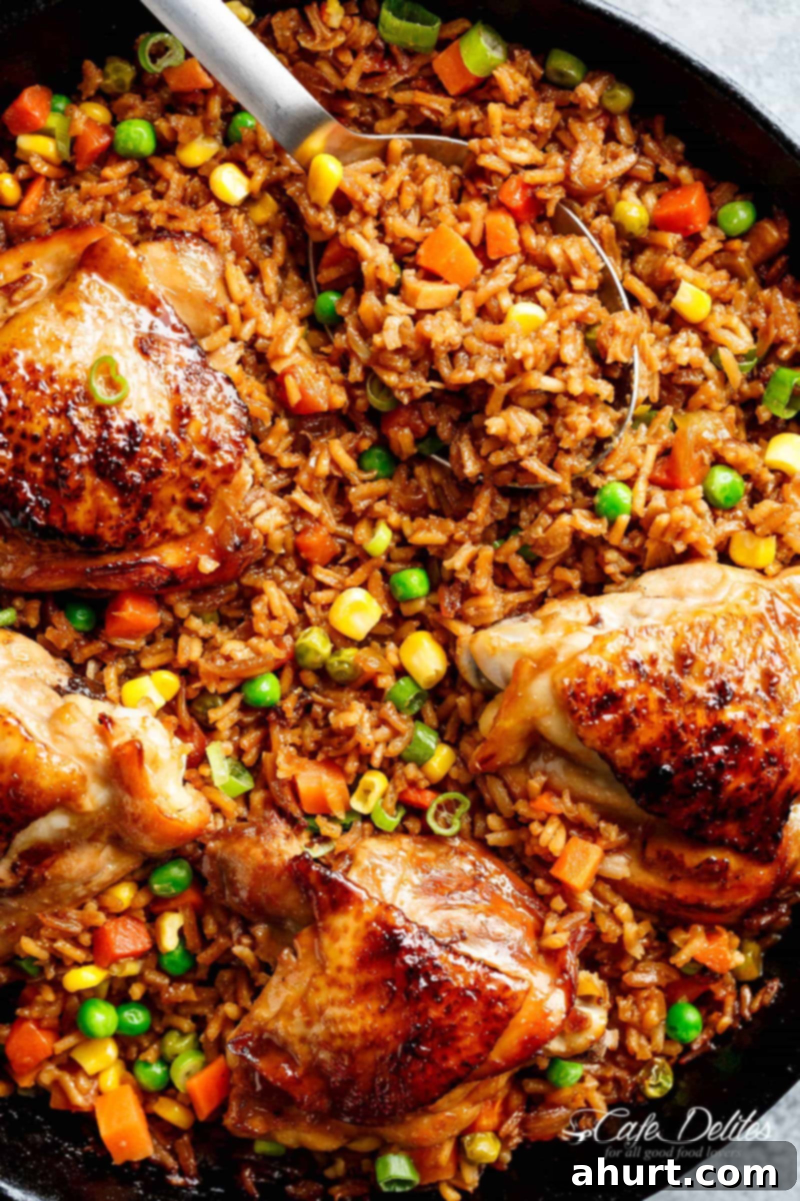 One-Pan Sticky Asian Chicken and Rice 3 One Pan Asian Chicken and Rice equals crispy skinned chicken full of incredible Chinese-inspired flavours sits on top of a fried rice inspired skillet!