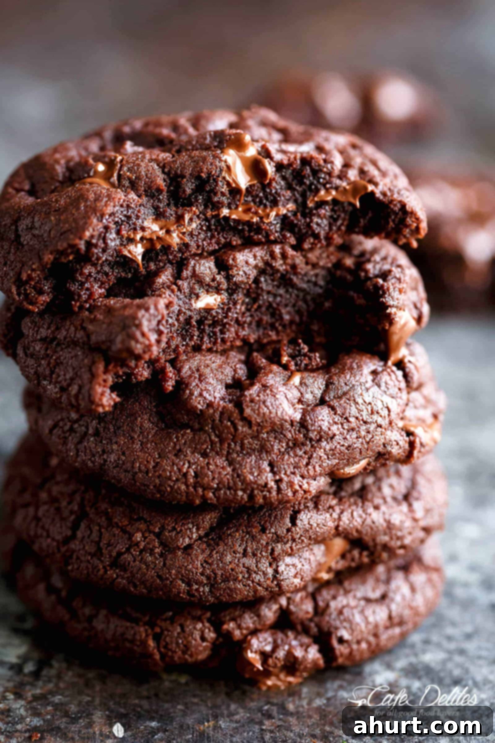 Irresistibly Fudgy Chocolate Brownie Cookies 2 Stack of chocolate brownie cookies with bites taken out of the top two, exposing the gooey centre.