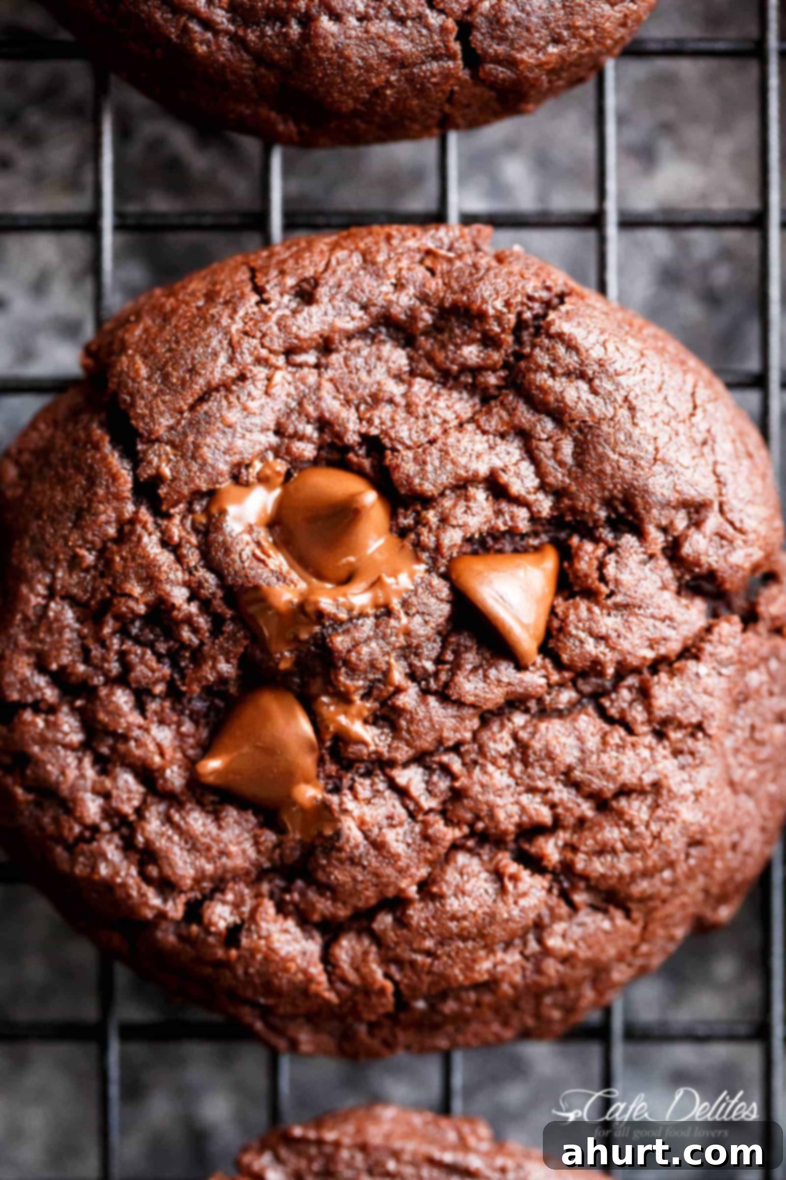 Irresistibly Fudgy Chocolate Brownie Cookies 4 Close up of chocolate brownie cookie with meting chocolate chips on top resting on a cooling rack.