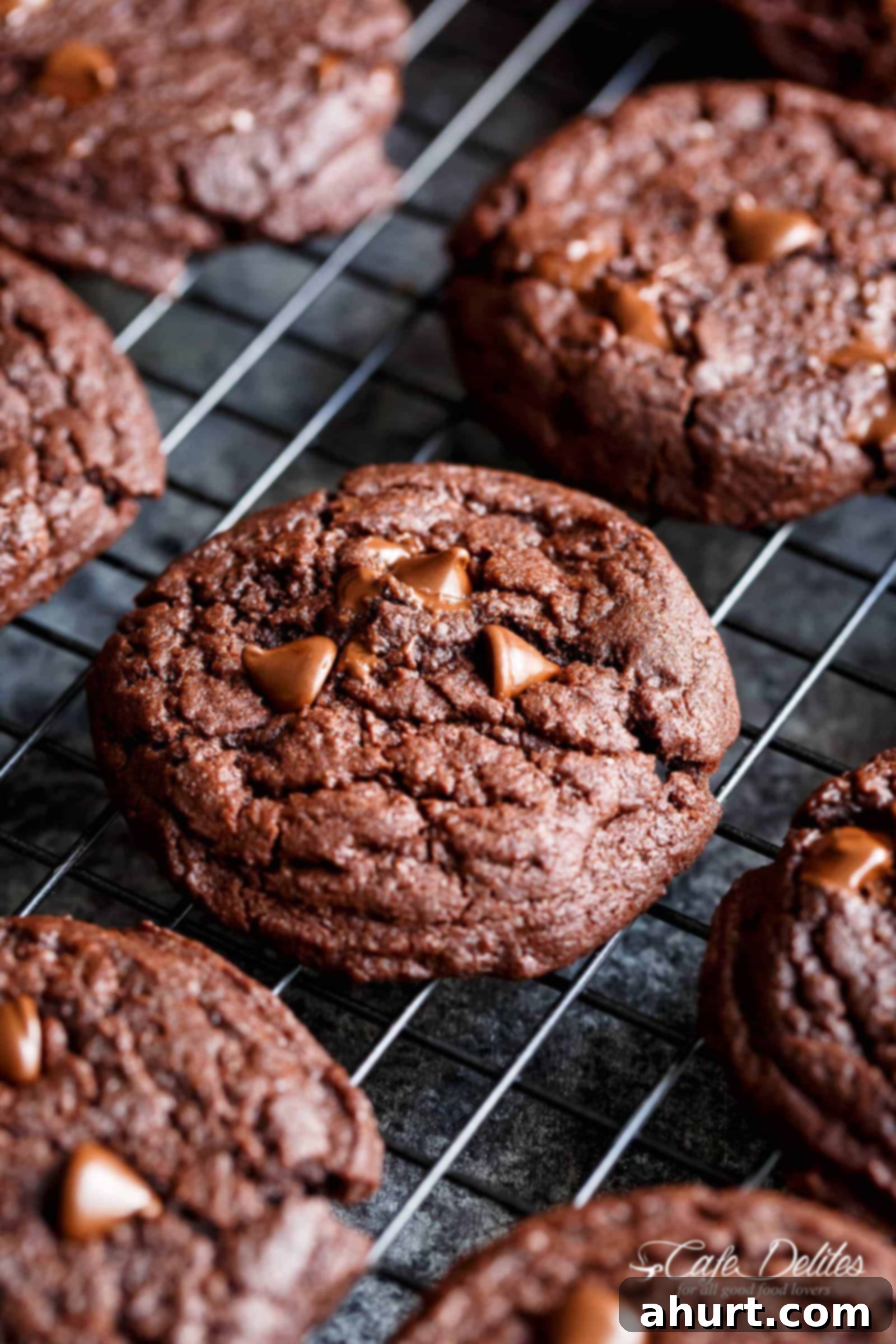 Irresistibly Fudgy Chocolate Brownie Cookies 5 Cookies resting on a cooling rack.