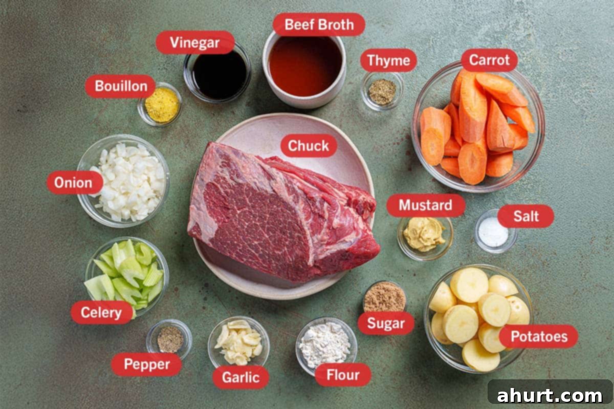 Melt In Your Mouth Pot Roast 3 Image with all the ingredients needed for the preparation of this recipe, specifically: beef chuck, thyme, carrots, mustard,salt, sugar, potatoes, flour, garlic, pepper, celery, onion, bouillon, vinegar, beef broth.