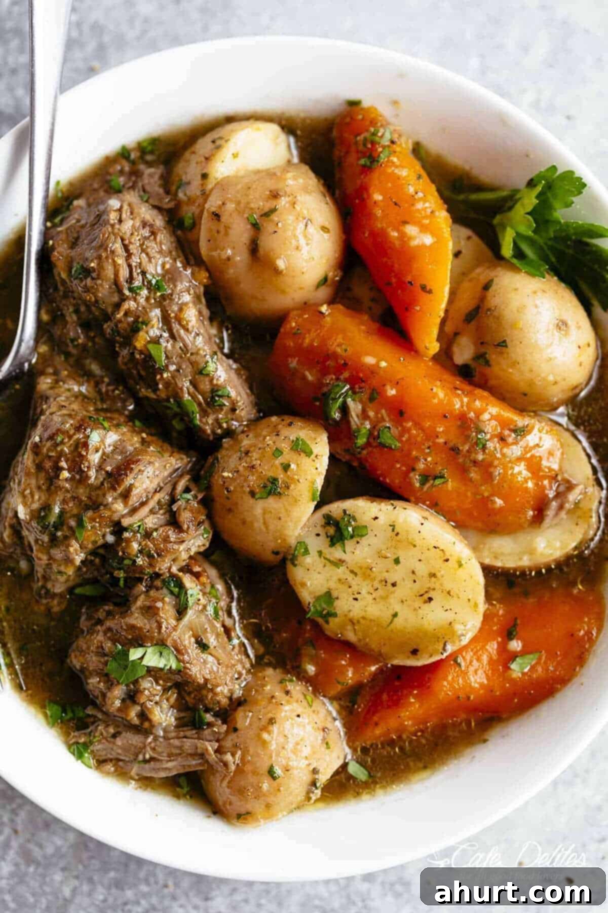 Melt In Your Mouth Pot Roast 10 An image of a perfectly cooked pot roast, soaked in jus, is ready to be served in a white bowl, accompanied by potatoes and carrots, and garnished with parsley.