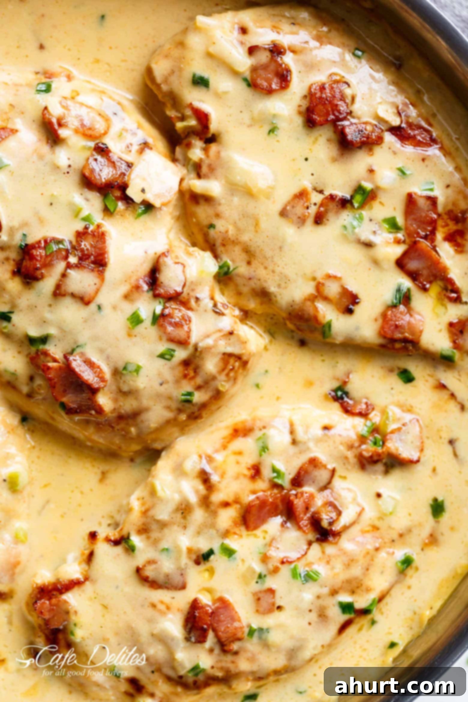 Creamy Beer Cheese Chicken With Crispy Bacon in a pan ready to enjoy 