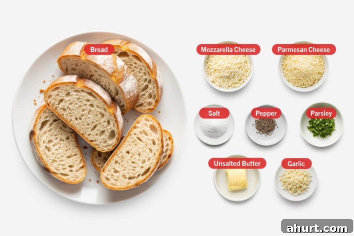 Warm Garlic & Cheese Perfection 3 Top shot of ingredients: bread, mozzarella cheese, parmesan cheese, salt, pepper, parsley, unsalted butter, and garlic.