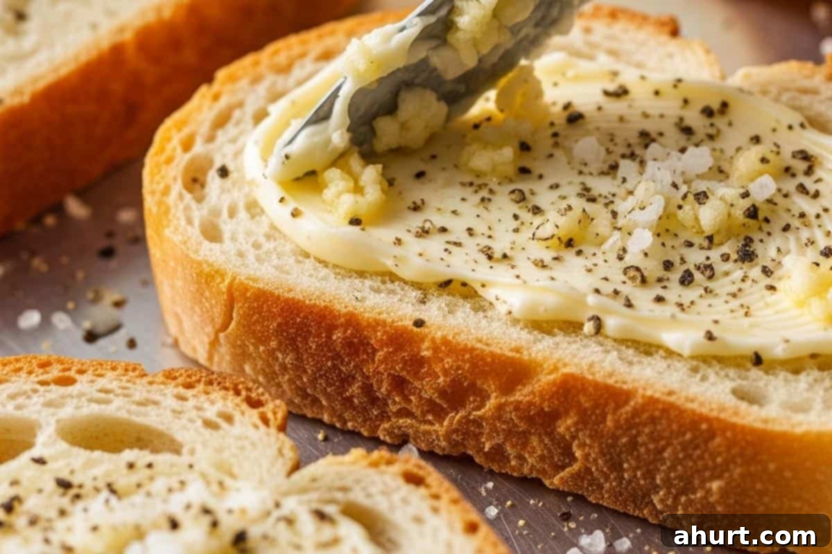 Warm Garlic & Cheese Perfection 6 Spreading the butter and garlic over the bread and season with salt and pepper.