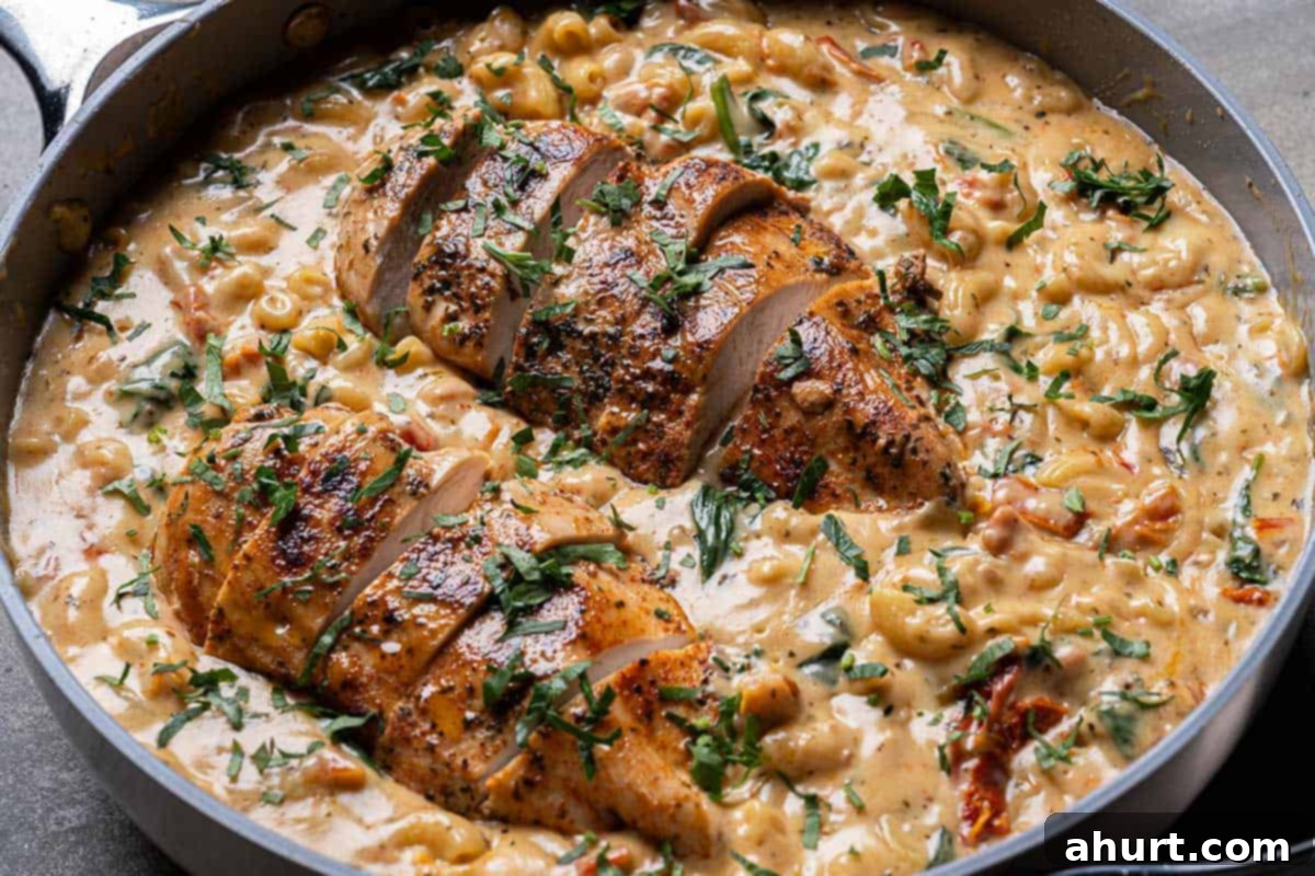 Hearty Tuscan Chicken Skillet Mac 11 Sliced chicken mixed into the creamy macaroni and sauce, creating a hearty dish ready to be served.