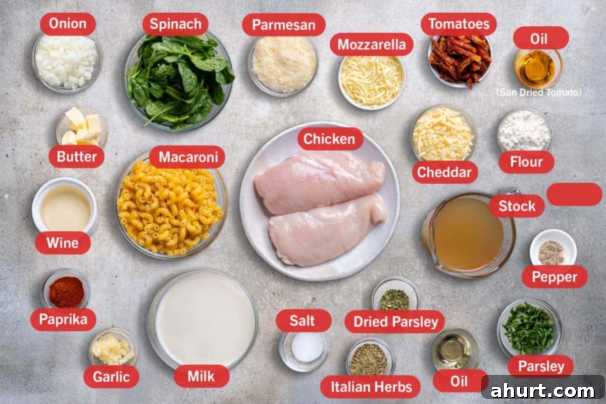 Hearty Tuscan Chicken Skillet Mac 3 Image of all the ingredients needed for the preparation of this recipe, specifically: onion, spinach, parmesan, mozzarella, tomatoes, oil from sun dried tomatoes, butter, wine, macaroni, chicken, cheddar, flour, stock, paprika, garlic, milk, salt, dried parsley, italian herbs, oil, parsley