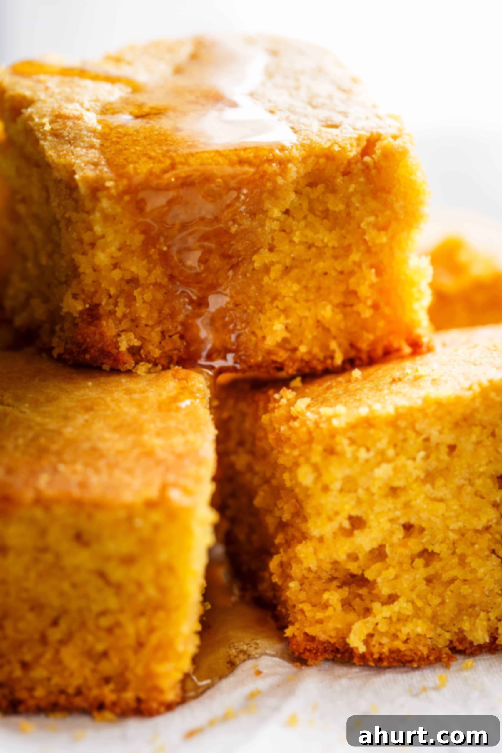 Our Best Easy Sweet Buttermilk Cornbread 2 Close up image of moist buttermilk cornbread slices stacked and drizzled with syrup.