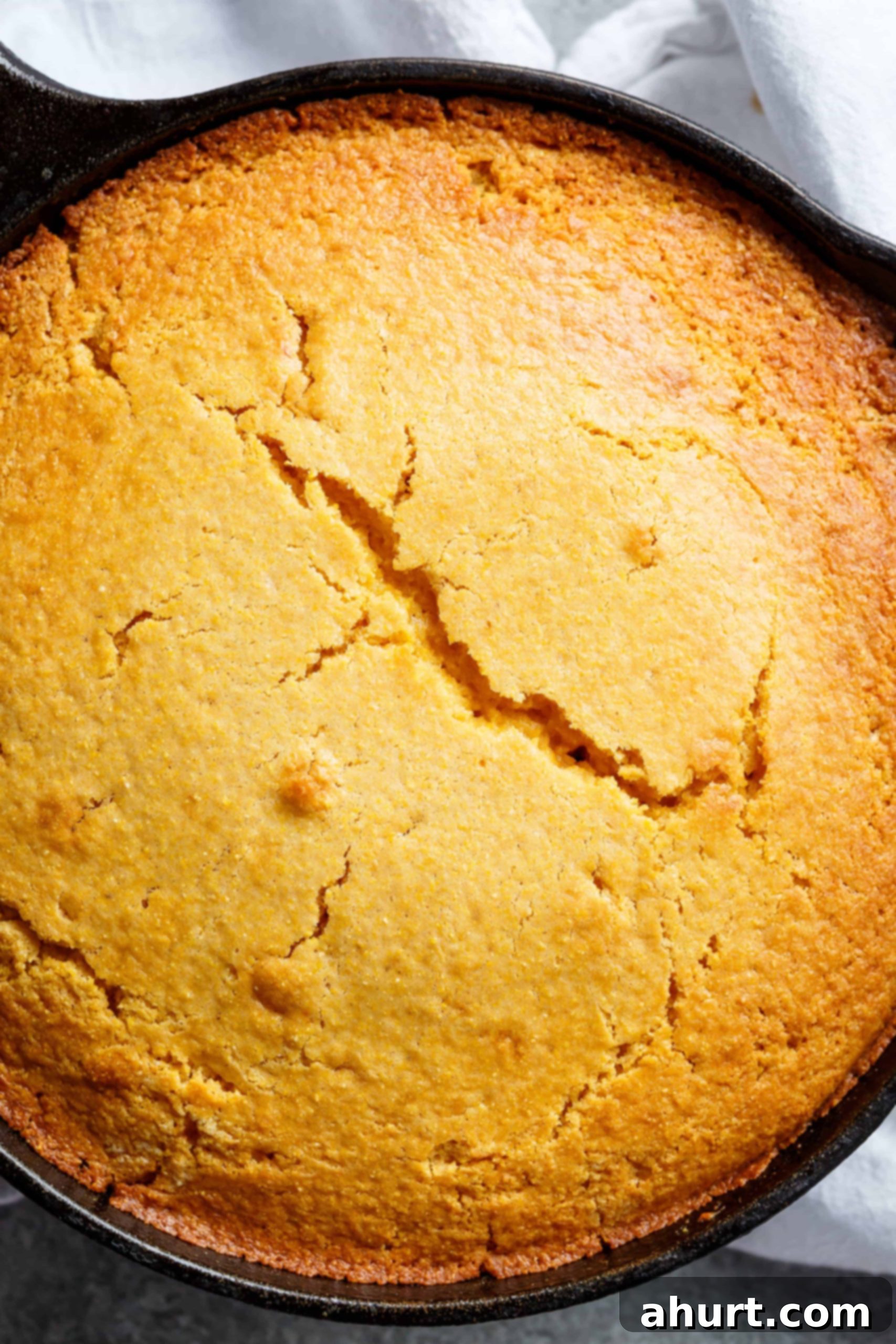 Our Best Easy Sweet Buttermilk Cornbread 3 Top view of Crisp Buttermilk cornbread cooked to golden perfection in a skillet.