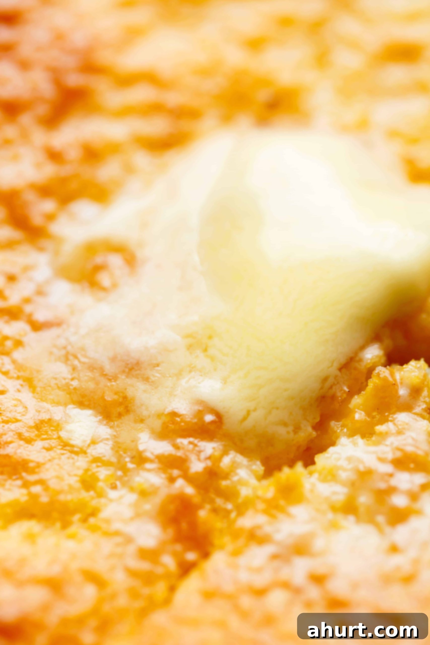 Our Best Easy Sweet Buttermilk Cornbread 4 Close up image of butter melting on the golden moist surface of sweet buttermilk cornbread.