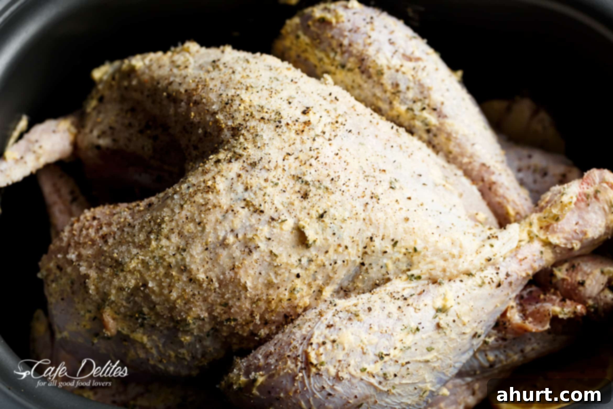 Perfect Crispy Skin Slow Cooker Turkey and Rich Gravy 4 Marinated full turkey ready to roast