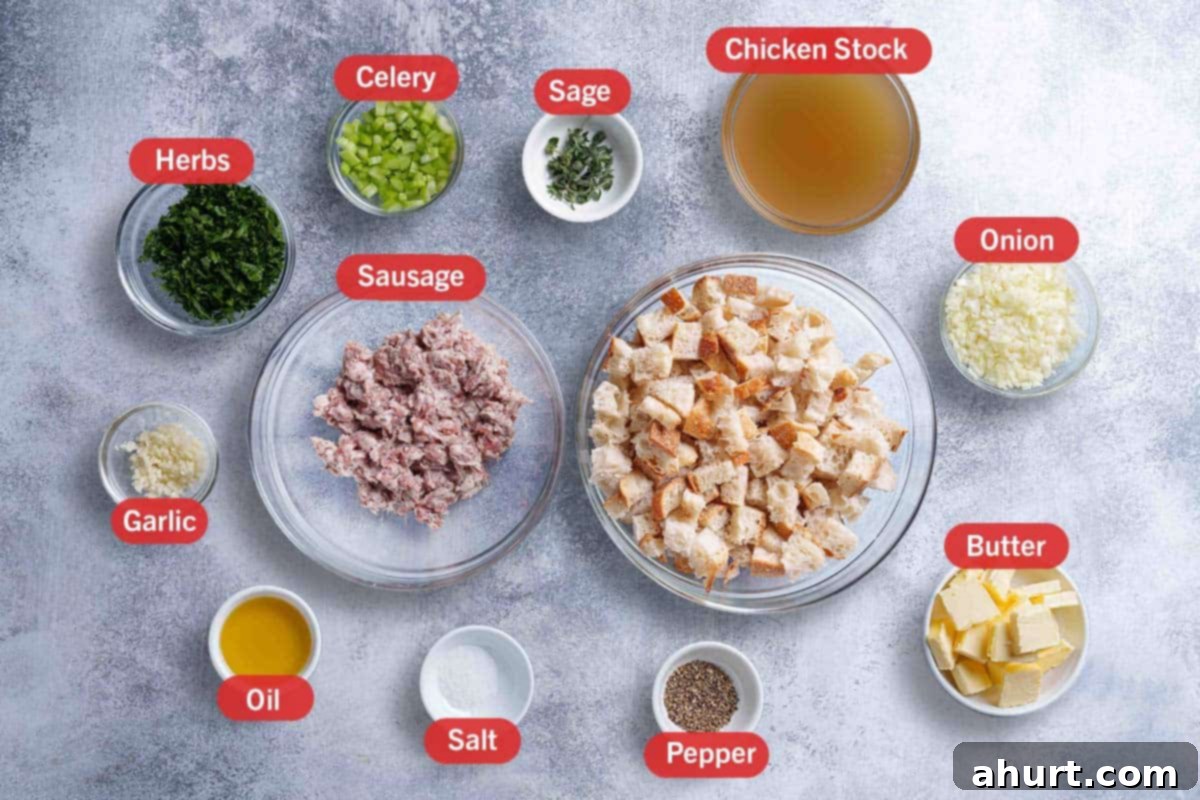 Irresistible Sausage Stuffing 3 Image of all the ingredients needed to prepare the sausage meat stuffing: herbs, celery, sage, chicken stock, garlic, sausage, onion, oil, salt, pepper, butter, diced bread.