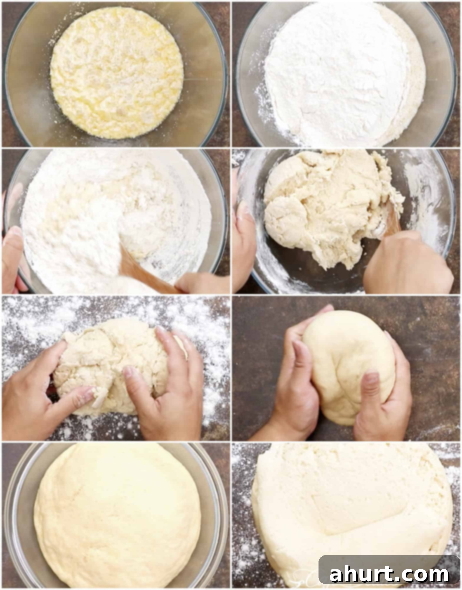 Pillowy Soft Dinner Rolls Hand Kneaded And Egg Free 5 Collage showing the step-by-step process of making soft dinner rolls: dry and wet ingredients in separate bowls, mixing with a wooden spoon, kneading the dough on a floured surface, and finally, rounding it into a large ball for proofing.