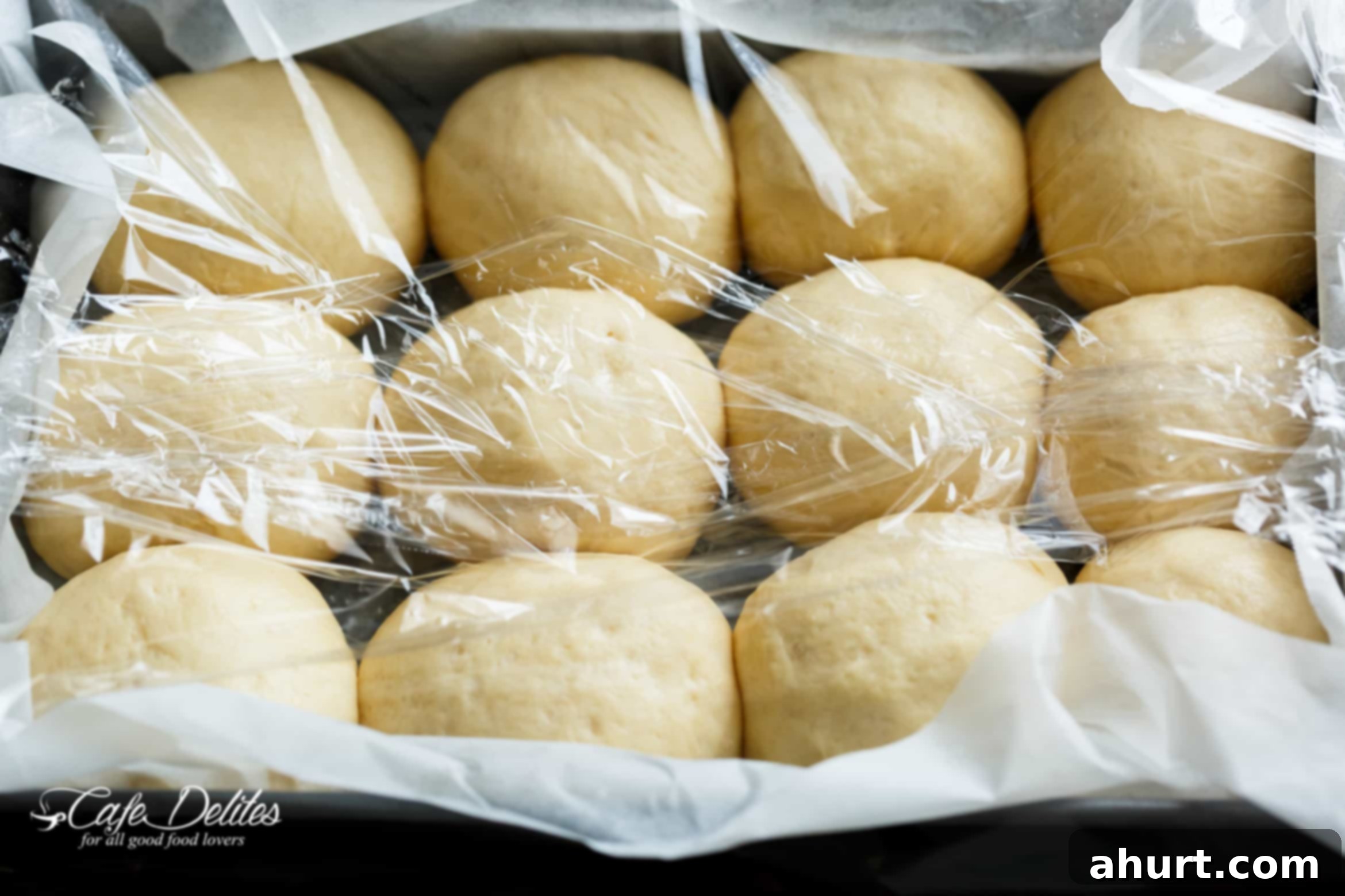 Pillowy Soft Dinner Rolls Hand Kneaded And Egg Free 7 Dough balls resting on a baking paper lined sheet, covered with cling wrap, showing the beginning of the second proof.
