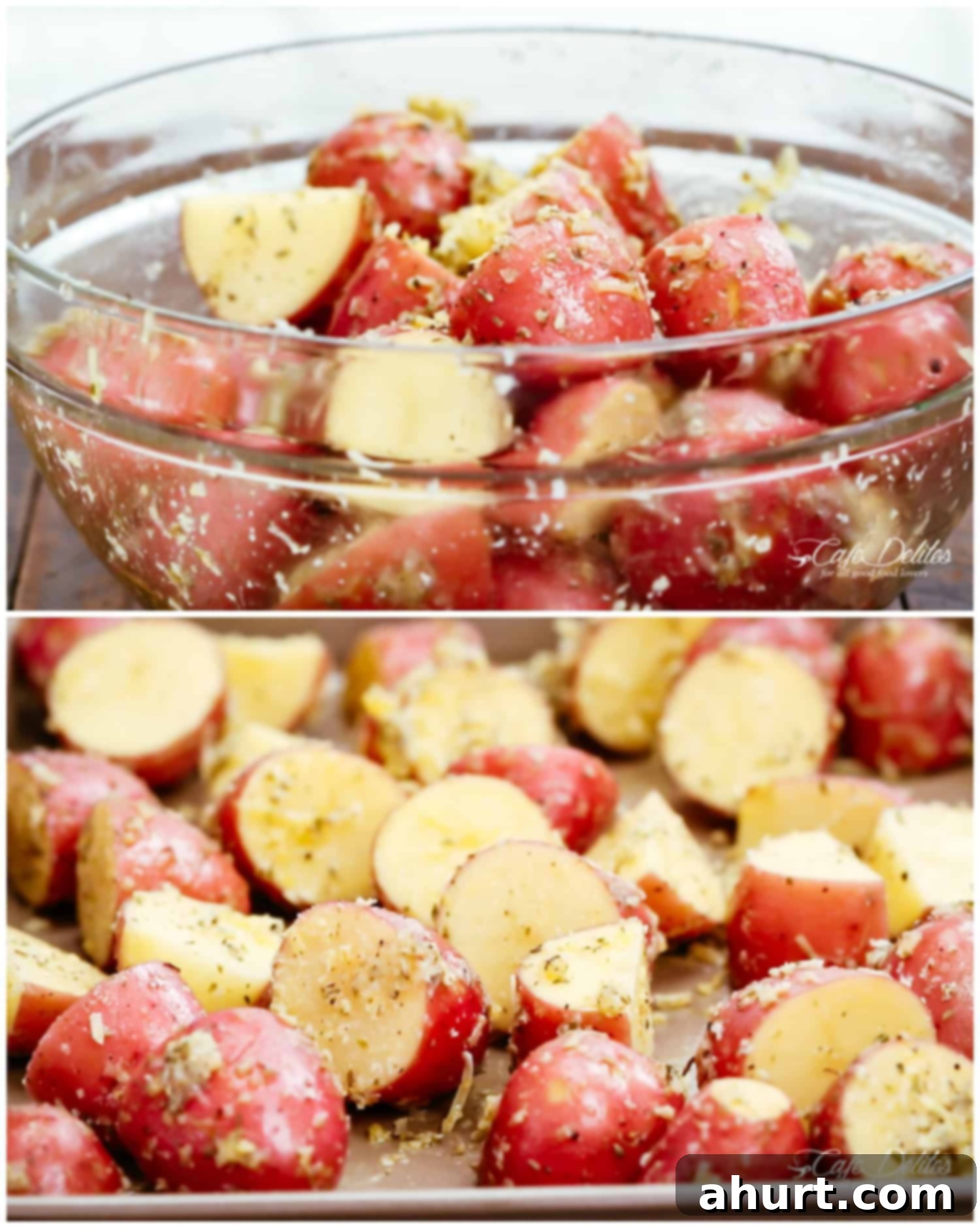 Crispy Browned Butter Parmesan Roasted Potatoes 4 Before and after images of Browned Butter Parmesan Roasted Potatoes