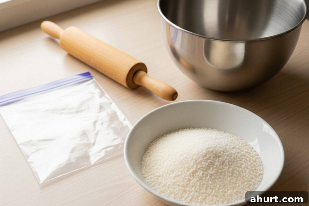 No-Bake Chocolate Rum Treats 4 Ziplock bag and rolling pin, a large mixing bowl, and a shallow bowl with ¾ cup of coconut for rolling on a table top.