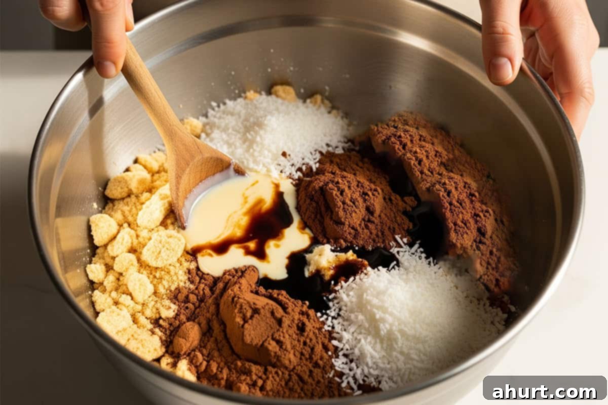 No-Bake Chocolate Rum Treats 6 Crushed cookies, coconut, cocoa powder, condensed milk, rum, and vanilla in a large mixing bowl and a hand with a wooden spoon.