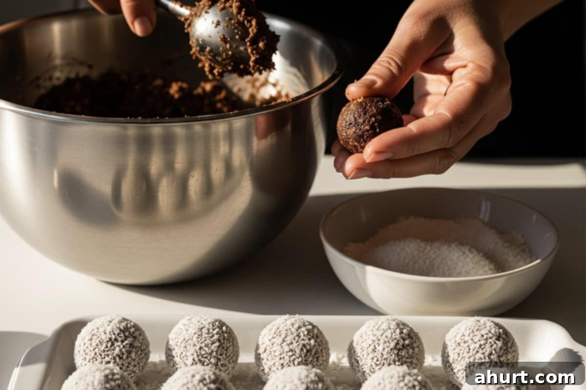 No-Bake Chocolate Rum Treats 7 Chocolate rum balls covered with coconut on a white plate. A large mixing bowl, a plate with coconut and a scoop of mixture on a hand.