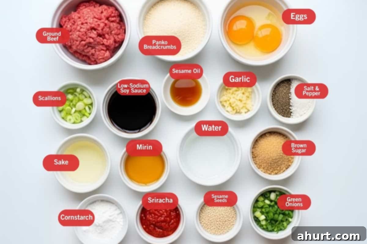 Sticky Teriyaki Meatballs 3 Flat lay of ingredient shot of ground beef, panko breadcrumbs, eggs, scallions, low sodium soy sauce, sesame oil, garlic, salt and pepper, brown sugar, water, mirin, sake, cornstarch, sriracha, sesame seeds, green onions