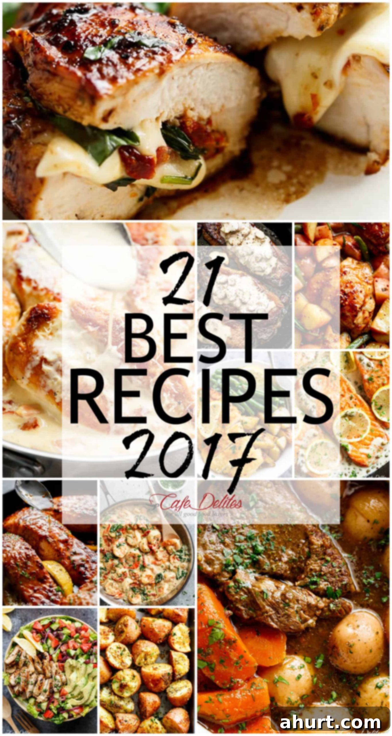 A collage of 21 Best Recipes loved by readers in 2017, showcasing various dishes like salmon, chicken, pot roast, and desserts.