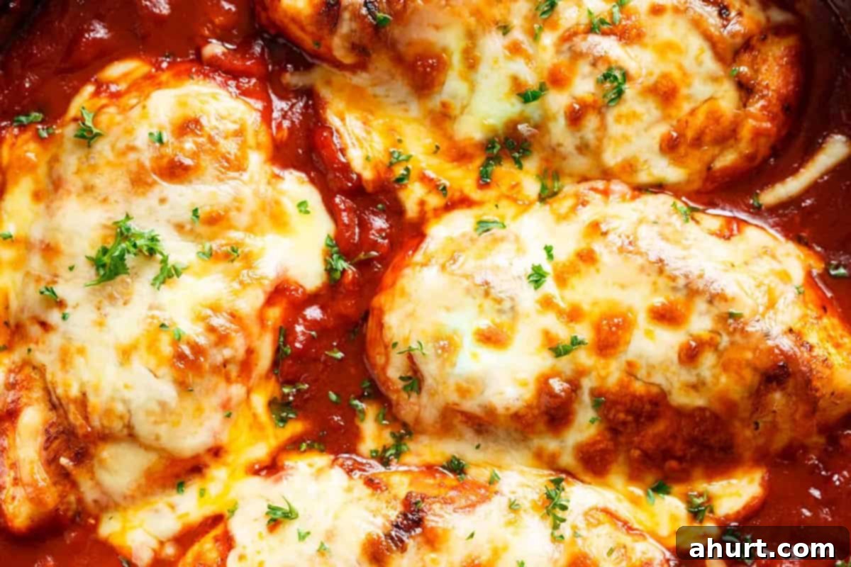 Golden Mozzarella Chicken Bake 11 Close-up shot of golden, bubbling Easy Mozzarella Chicken garnished with vibrant fresh parsley, ready to be served.