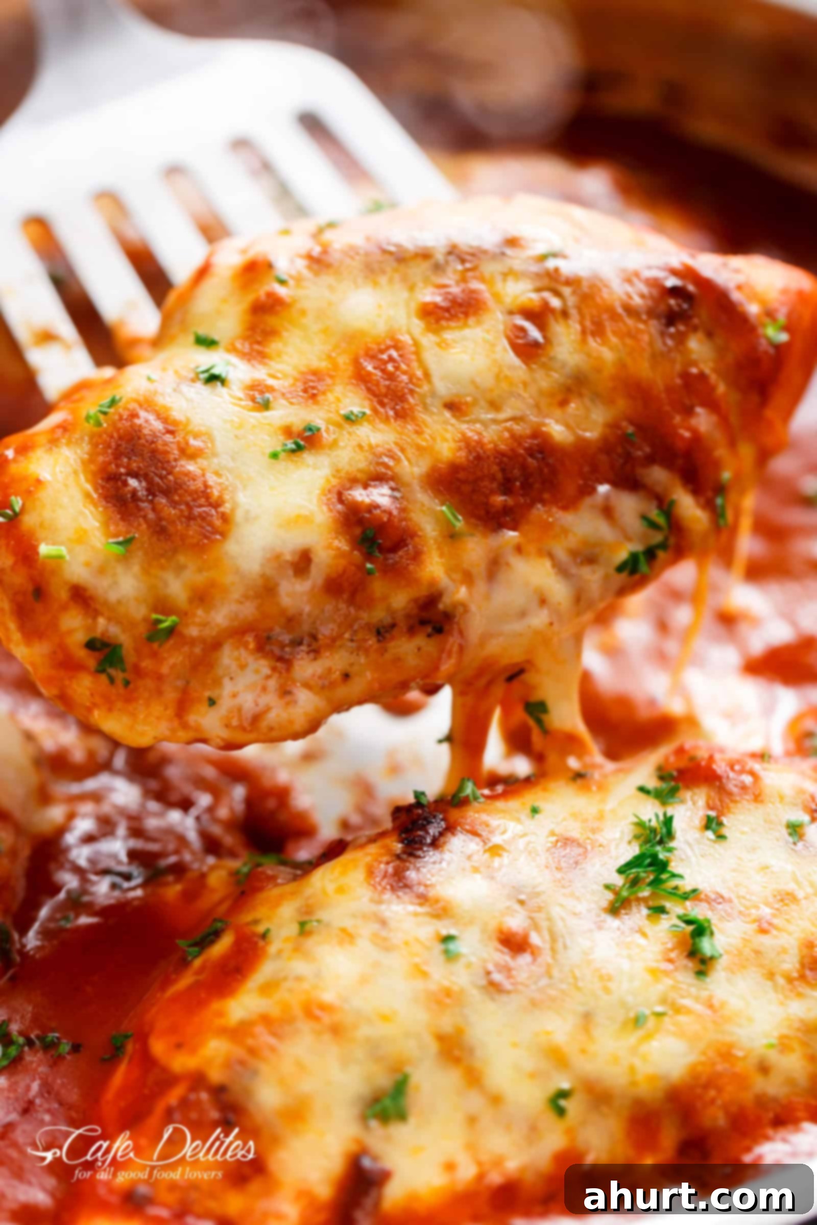 Golden Mozzarella Chicken Bake 12 Close-up of a fork lifting a piece of Easy Mozzarella Chicken, showing the perfectly melted cheese and rich sauce.