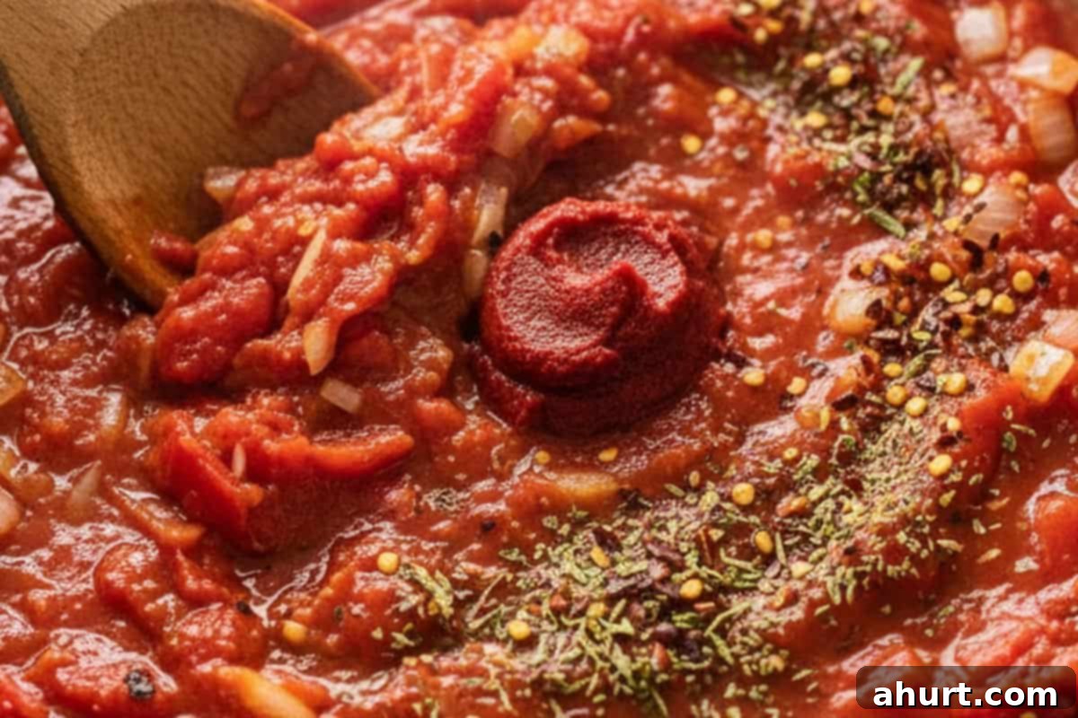 Golden Mozzarella Chicken Bake 8 Building the rich tomato sauce with fire-roasted pepper, crushed tomatoes, tomato paste, red pepper flakes, and Italian seasoning in a skillet.