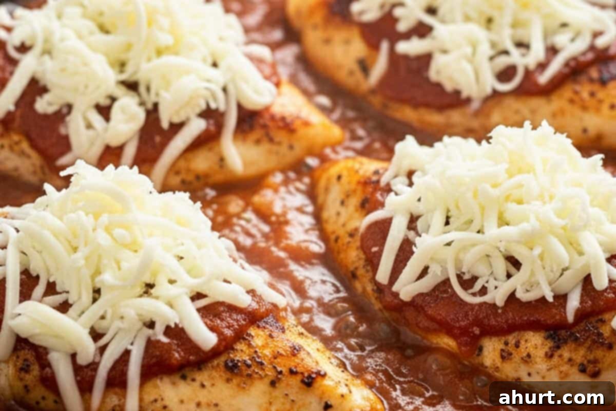 Golden Mozzarella Chicken Bake 10 Chicken breasts nested in sauce, topped with a generous spoon of mozzarella cheese.