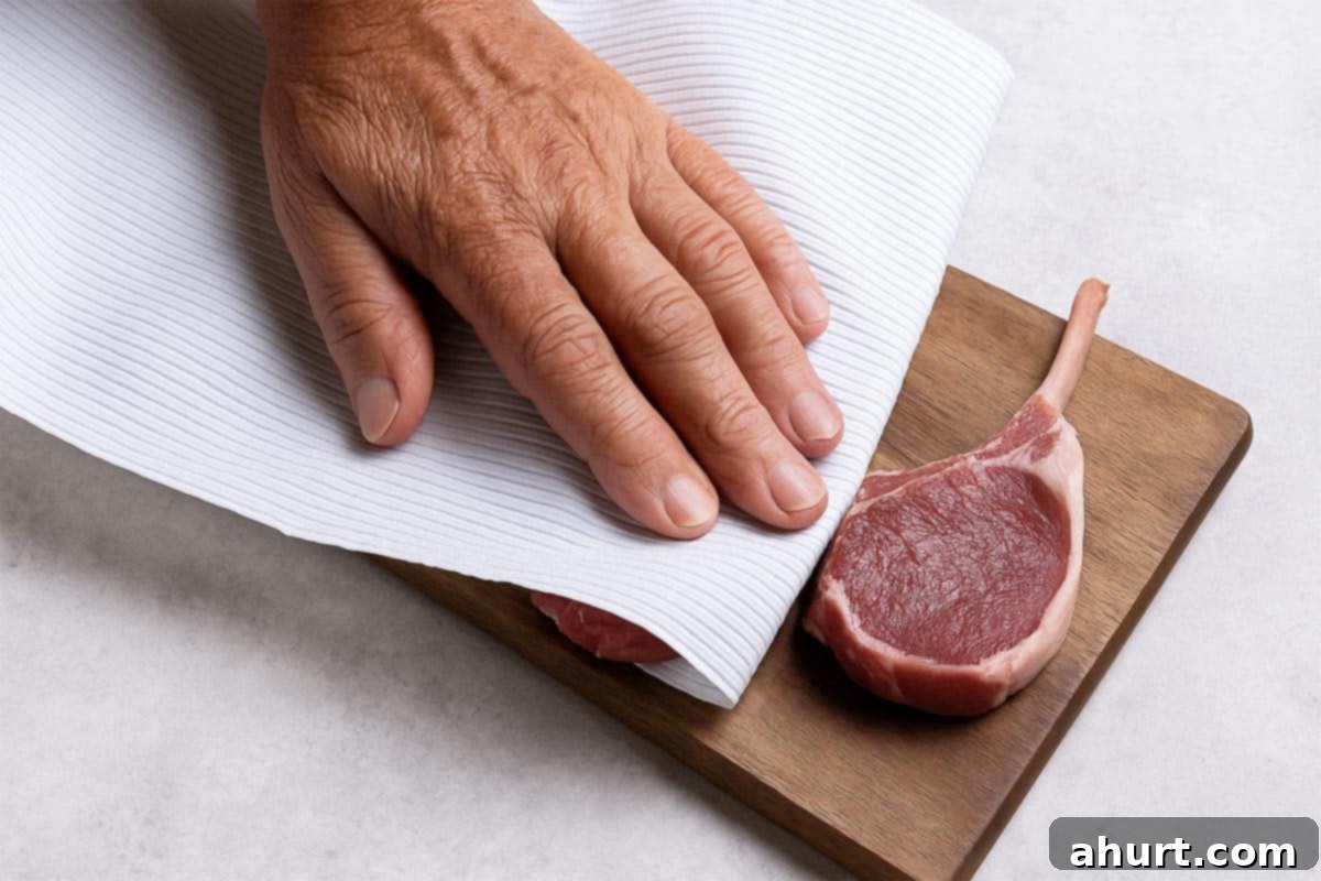 Traditional Greek Lamb Chops 4 Hand pressing a paper towel over a raw lamb chop on a wooden cutting board, set on a light stone background.