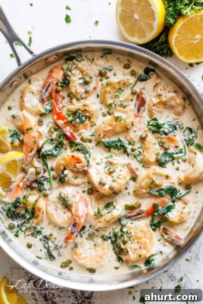 Velvety Garlic Butter Shrimp Piccata 2 Garlic butter shrimp coated in a rustic creamy garlic parmesan sauce with a hint of lemon, capers and spinach in a pan
