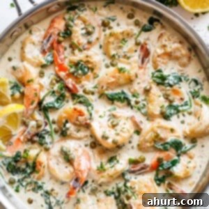 Velvety Garlic Butter Shrimp Piccata 4 Garlic butter shrimp coated in a rustic creamy garlic parmesan sauce with a hint of lemon, capers and spinach in a pan