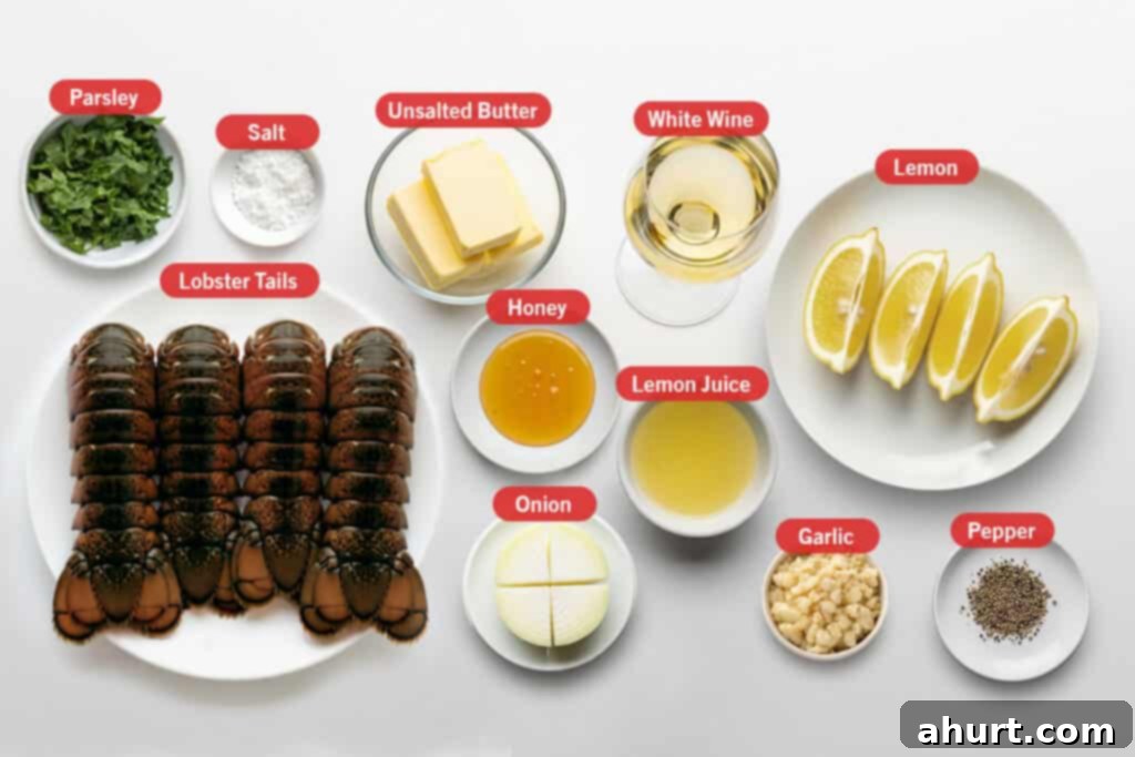 Succulent Broiled Lobster Tails 3 Flatlay of ingredients for broiled lobster tails, each in a separate bowl or plate. Includes six raw lobster tails on a white plate, a small bowl of chopped parsley, a bowl of salt, a dish of unsalted butter, a glass of white wine, lemon wedges on a plate, a small bowl of honey, a bowl of lemon juice, a quartered white onion, a small bowl of minced garlic, and a small plate of cracked black pepper.
