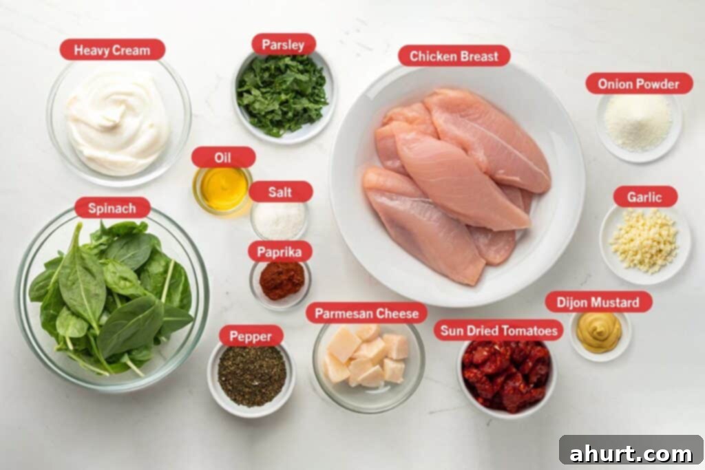 Decadent Tuscan Chicken 3 Flatlay image of fresh ingredients for creamy Tuscan chicken recipe: raw chicken breast, heavy cream, spinach, chopped parsley, oil, salt, paprika, black pepper, Parmesan cheese, sun-dried tomatoes, Dijon mustard, minced garlic, and onion powder.