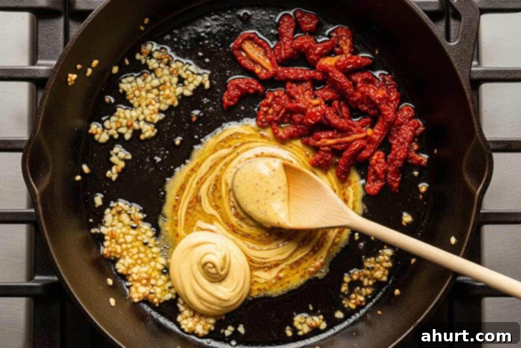 Decadent Tuscan Chicken 6 Step 3: Sautéing garlic and sun-dried tomatoes in the skillet