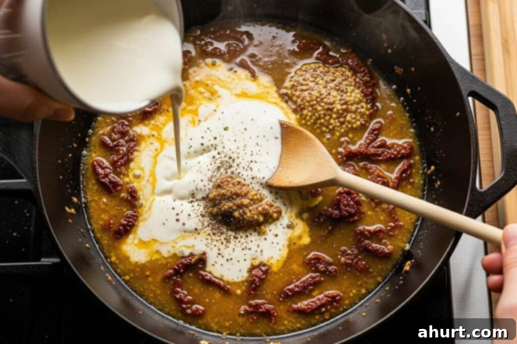 Decadent Tuscan Chicken 7 Step 4: Adding heavy cream to the skillet to create the sauce