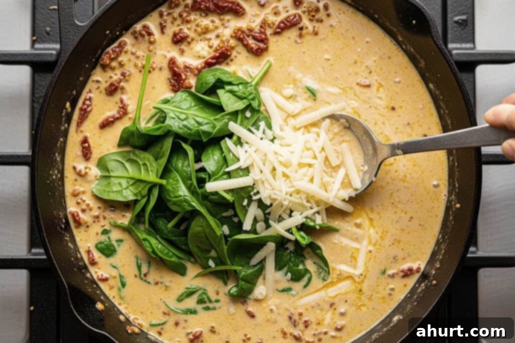 Decadent Tuscan Chicken 8 Step 5: Wilting spinach and melting parmesan cheese into the creamy sauce