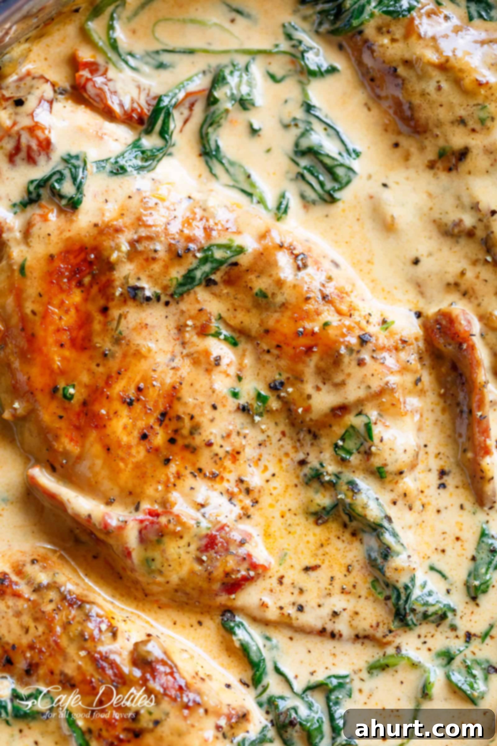 Creamy Tuscan Chicken #cafedelites #olivegarden #lowcarb #chicken #sundriedtomatoes #easyrecipes #dinner | cafedelites.com Close-up of Creamy Tuscan Chicken Breasts looking delicious, garnished with fresh parsley